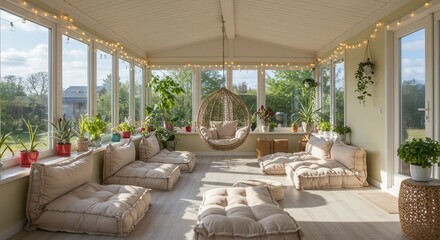 Bright Sunroom with Hanging Chair and Floor Cushions for Relaxing