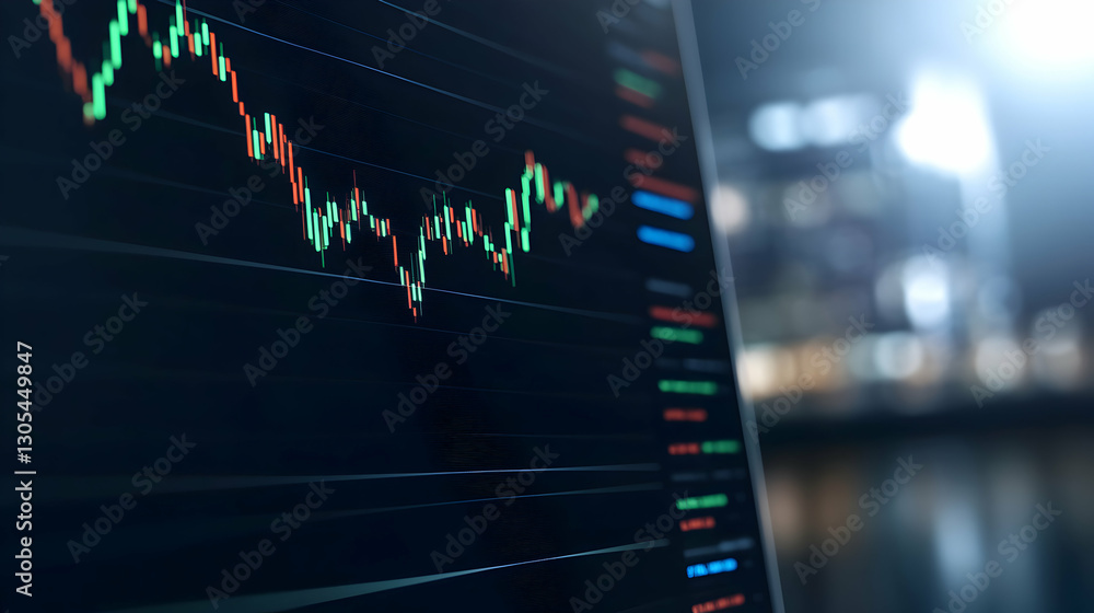 Poster a close-up view of a digital stock market chart displaying fluctuating prices and green and red indi