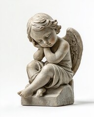 Obraz premium Sleeping Angel Statue on white, symbolizing peace & serenity. Perfect for sympathy cards, memorial designs, spiritual or religious themes, and funeral announcements.
