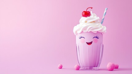 Cute kawaii milkshake on pink background