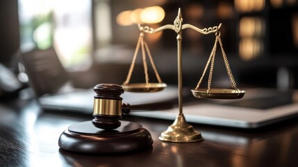 Justice Scales and Gavel on Wooden Desk (1)
