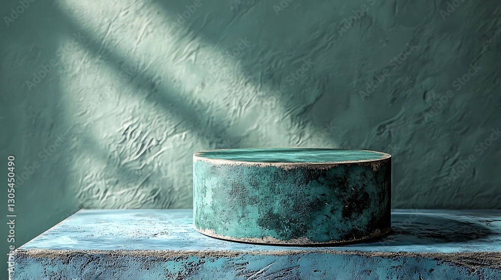 Poster teal cylinder display on weathered table against textured wall with shadows