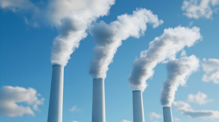 A striking image of industrial smokestacks releasing steam and emissions into a clear blue sky, highlighting the impact of industry on the environment and air quality.