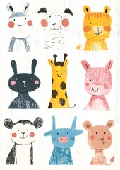 Cute Cartoon Animals with Friendly Expressions and Bright Colors