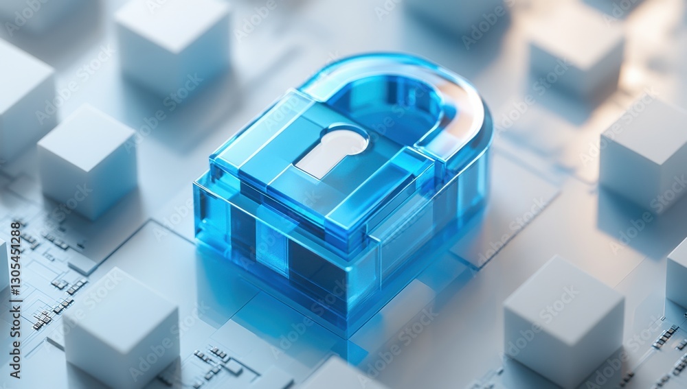 Poster transparent blue padlock on digital circuit background representing security, technology, protection