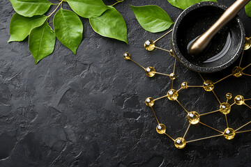 An abstract representation of natural medicine, featuring lush green leaves, a mortar and pestle, and interconnected molecular structures.