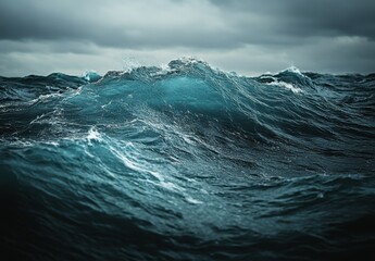 Tumultuous Ocean Waves Under Gloomy Skies, Capturing Nature's Power and Dynamic Movement in Dramatic Seascape Photography