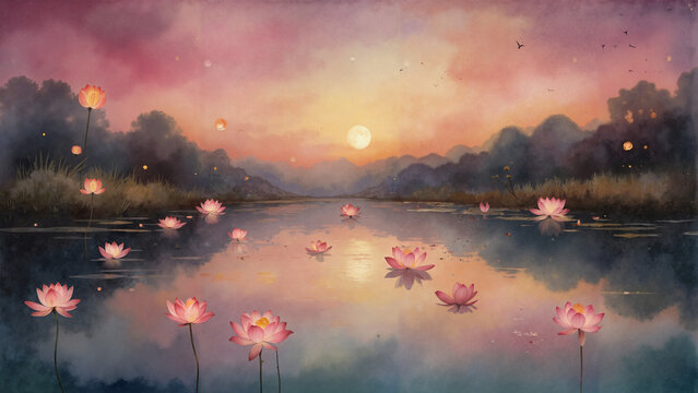 serene lotus flowers on a tranquil lake at sunset