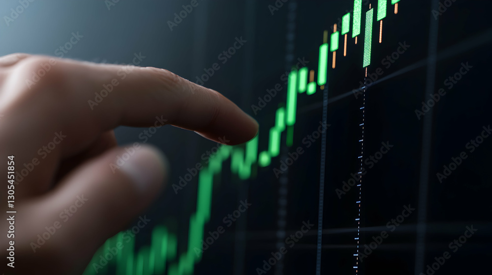 Poster a close-up view of a finger pointing at a rising stock market graph on a digital screen, symbolizing