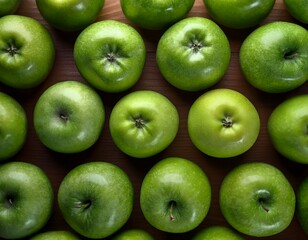 Fotograf&iacute;a profesional, de varias manzanas verdes, realizando un fondo de pantalla de un patron de manzanas perfectamente alineadas, realista, 4k