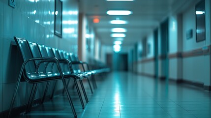 Fototapeta premium Empty metal chairs line a hospital hallway, suggesting loneliness & anticipation. Ideal for themes of healthcare, anxiety, medical waiting, & institutional settings.