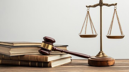 Law books, gavel, and scales of justice on wooden table