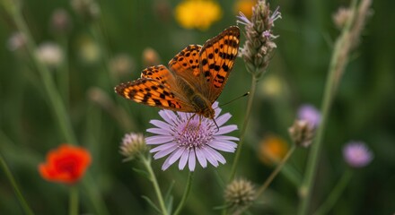 Obraz premium Butterfly Feeding on Wildflower Nectar in Meadow During Summer Day