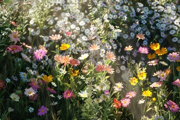Colorful flowers in the garden with sunlight, Ai Generated