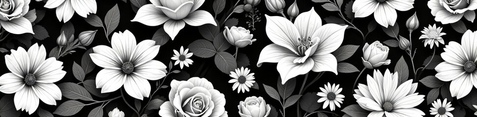 Black and white surreal floral pattern with roses, lilies, and daisies, botanical, artistic