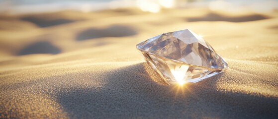 Obraz premium A sparkling diamond rests on golden sand, catching the sun's rays and creating a stunning display of light and luxury in a seaside setting.