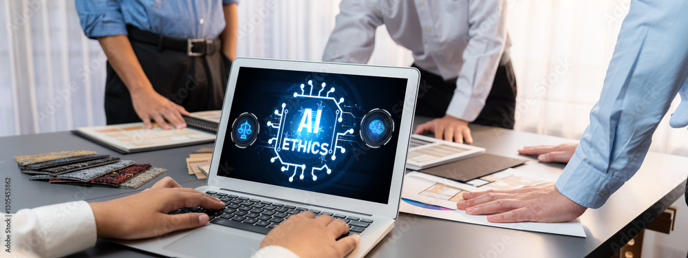 Poster ai ethics responsibility standard law and rules on computer screen provide report of ai ethic transp