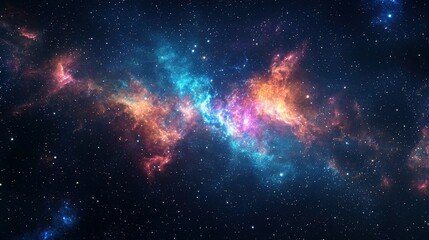 Naklejka premium Vibrant interstellar cloud with stars, symbolizing cosmic wonder and universal beauty. Ideal for astrophysics, space exploration, science fiction backgrounds.