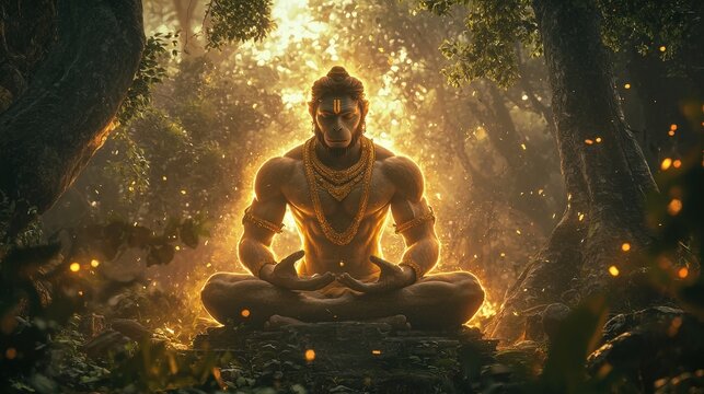 Enlightened deity meditating in a glowing forest, symbolizing inner peace and spiritual strength. Ideal for wellness, mythology, and mindfulness themes.