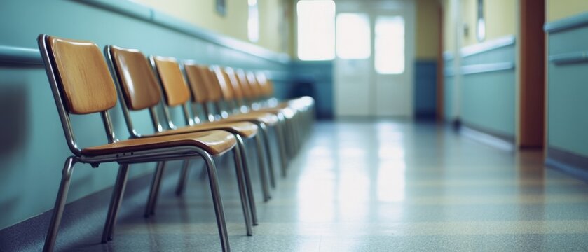 Empty wooden chairs line a brightly lit hospital hallway, evoking a sense of waiting and anticipation. - Powered by Adobe