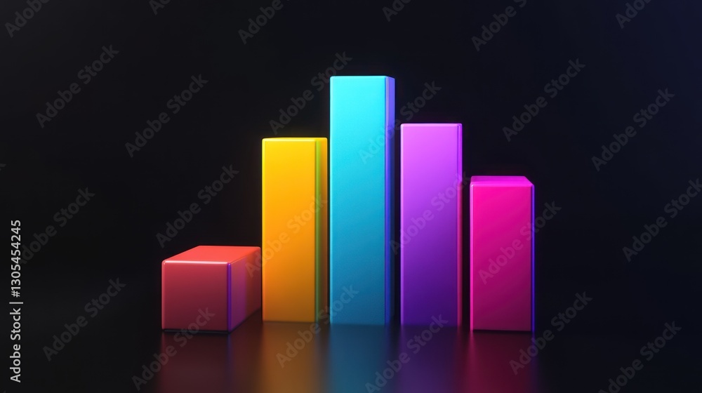 Poster colorful 3d bar graph on dark background. possible use data visualization, business presentation, in