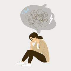 Young woman with depression, mental desorder, sad isolated, concept