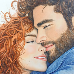  Cozy drawing of a couple embracing with closed eyes, tenderness and love