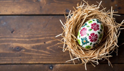 Obraz premium Intricately painted Easter egg in straw nest on wooden table, festive decor