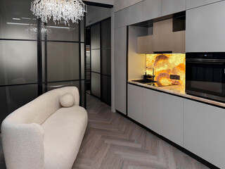 A stylish kitchen features minimalist cabinetry and a bright yellow backsplash, creating a vibrant...