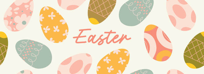 Easter banner with patterned Easter eggs in pastel colors.