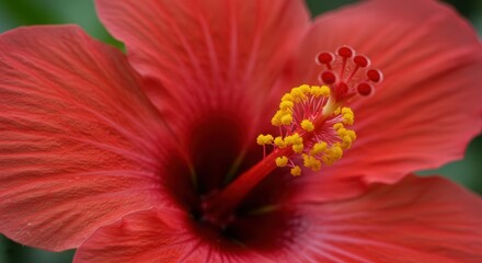 Close Up Red Hibiscus Flower with Yellow Stamen Blooming Beautifully