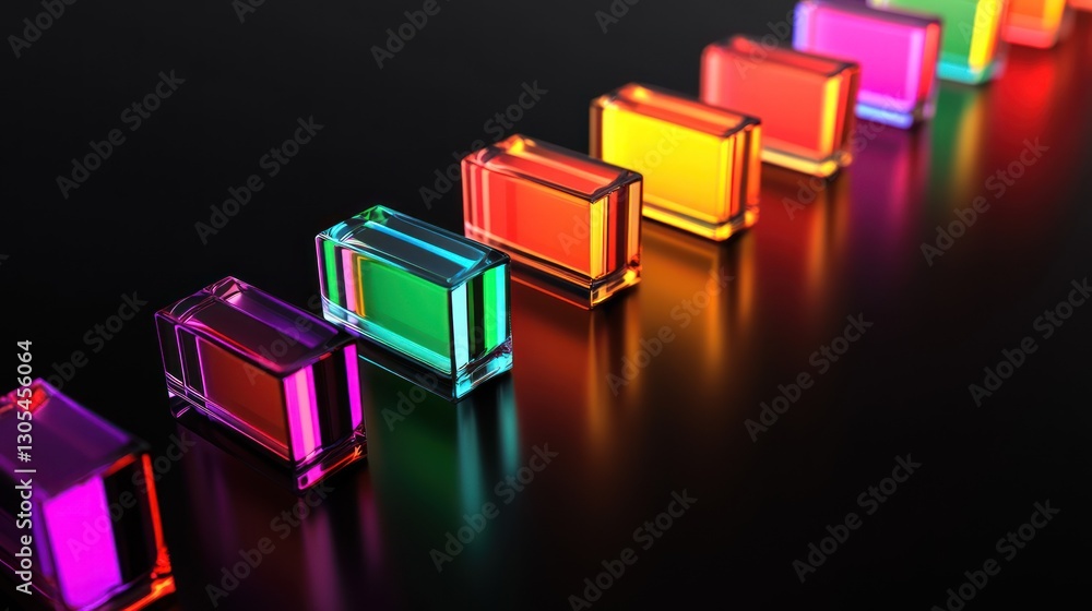 Poster colorful transparent blocks in a line on dark surface. possible use abstract background, technology 