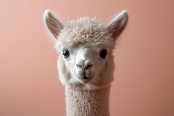 Fototapeta premium Cute White Alpaca Portrait on Pink