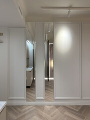 Bright hallway features sleek doors and subtle decorative wall elements. The flooring combines natural wood tones, while soft lighting creates a warm ambiance.
