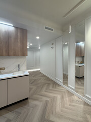 A contemporary apartment interior showcases a spacious layout with sleek wooden flooring and modern lighting fixtures. The kitchen area features minimalist cabinetry for a clean look.