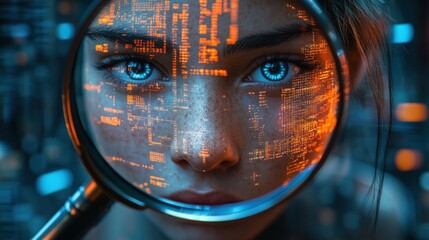 Woman's face, magnified with digital code, in a futuristic setting