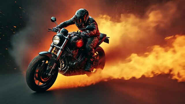 Action shot with man riding away from explosion on bike. Dynamic scene with fire in action movie blockbuster style
