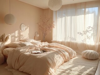 A cozy bedroom showcasing a warm and inviting minimalistic aesthetic