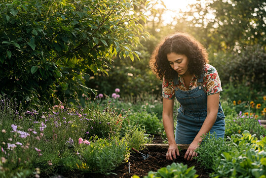Eine h&uuml;bsche Frau bei der Gartenarbeit in einem Beet