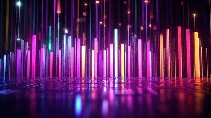 Abstract vibrant digital columns reflecting on dark surface