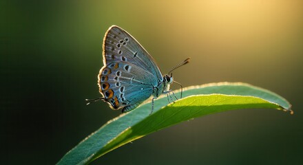 Obraz premium Butterfly Resting on Leaf with Golden Light Beautiful Nature Macro