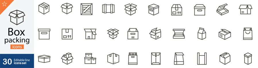 Box Packing Line Icons Set. Collection of 30 outline icons representing packaging, shipping, logistics, parcel delivery, and storage solutions. Editable stroke vector illustration.