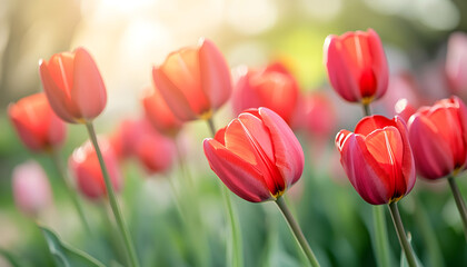 Beautiful flowers red tulips. Natural background Spring flowering tulips.
