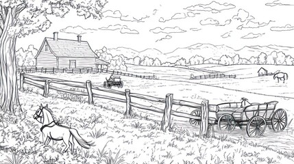 Rural landscape sketch, farmhouse, horse-drawn wagon, tranquil scene. Possible use Stock photo for agricultural, historical, or nature theme design