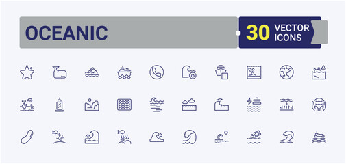Oceanic icon set. Icons nautical, diving, animal, ocean, surfing, underwater and more. Line with editable stroke. Collection of simple line web icons.