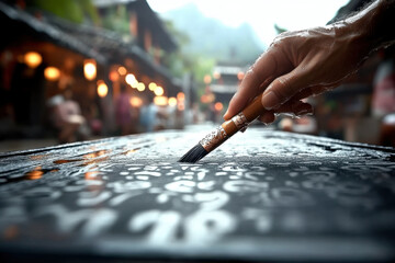 Traditional calligraphy brush creating intricate symbols on a wet surface, with delicate strokes forming artistic patterns, set in a rustic village with warm lantern lights in the background