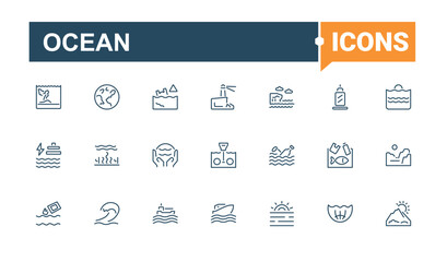Set of Ocean line icons. Contains related to life, marine, tourism, nautical, wave and more. Simple icon designs. Minimalist editable vector stroke.