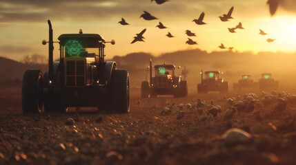 Autonomous tractors working on field at sunset, embracing future of farming. Generative ai illustrations