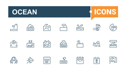 Set of Ocean line icons. Contains related to life, marine, tourism, nautical, wave and more. Simple icon designs. Minimalist editable vector stroke.