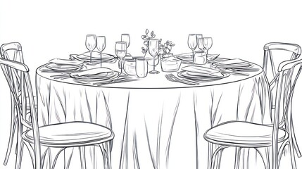 Round table setting, dining, event, elegant, interior, black and white, illustration, design